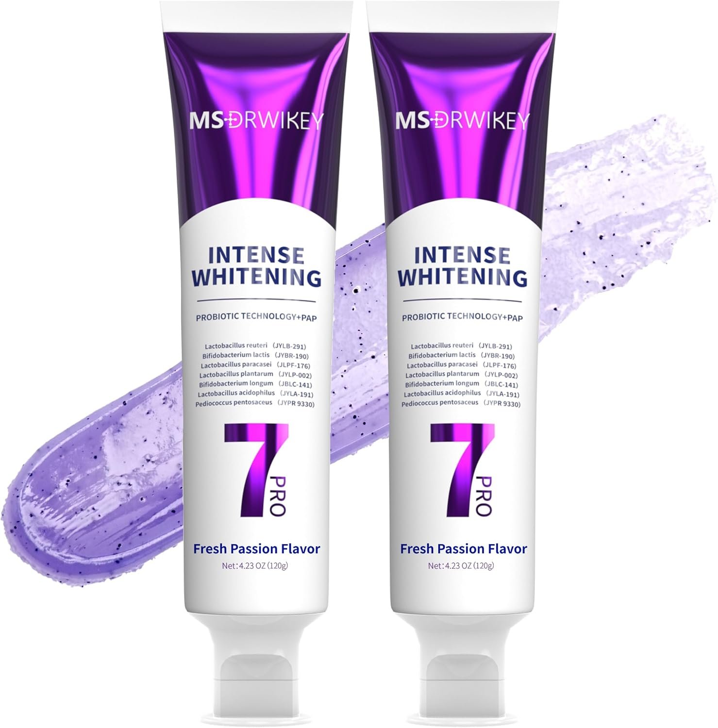 MSDRWIKEY 2-Pack Popping 7-Pro Whitening Toothpaste | Deep Whitening & 7 Probiotics for Oral Health | Purple Beads for Extra Freshness | Fluoride-Free